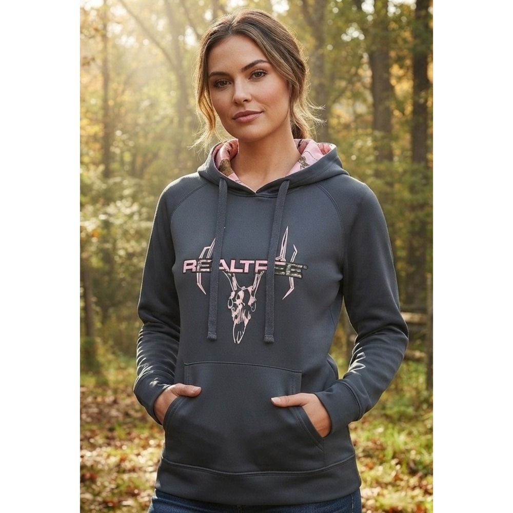 Mountainaire Realtree Hoodie Pink Camo Skull Graphic Sweatshirt Women's M Gray